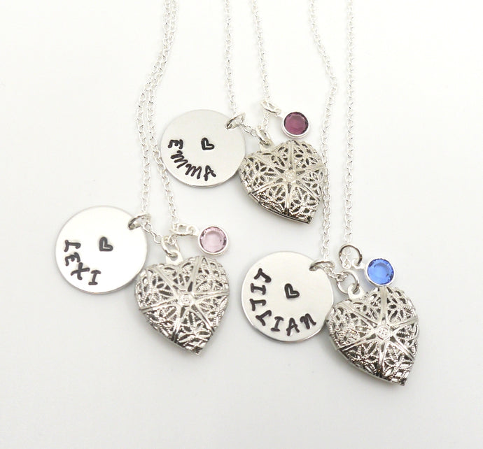 Picture Locket Necklace - Heart - Custom Name Disc - Birthstone