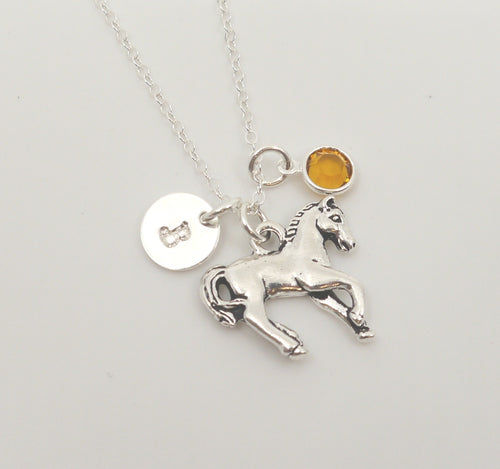 Horse Necklace - Initial Necklace - With Birthstone - Personalized