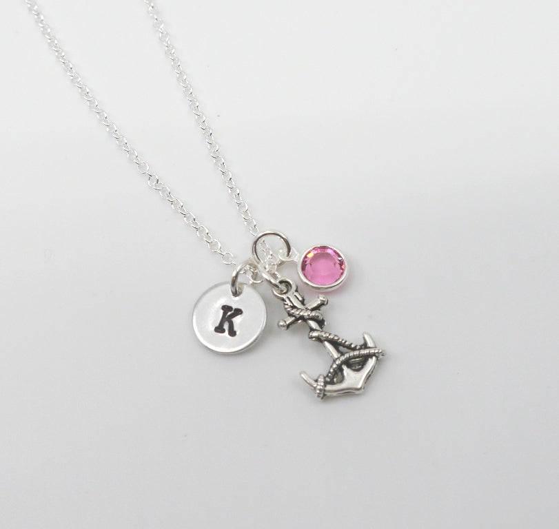 Anchor Necklace - Initial Necklace - With Birthstone