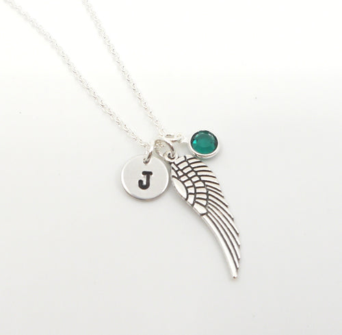 Angel Wing Necklace - Initial Necklace - With Birthstone