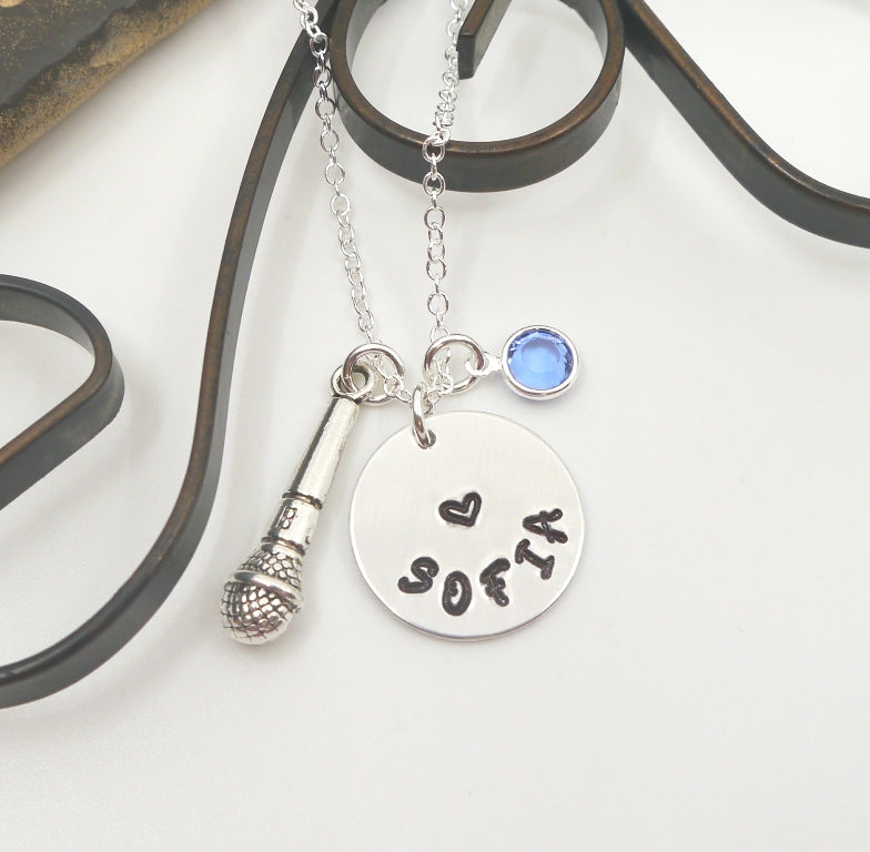 Microphone Necklace - Custom Name Disc - Birthstone