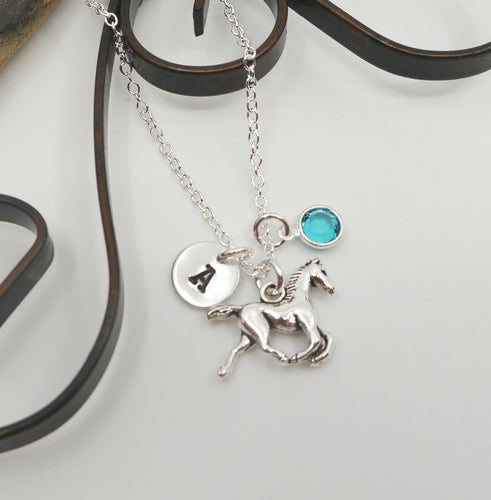 Horse Necklace - Initial Necklace - With Birthstone