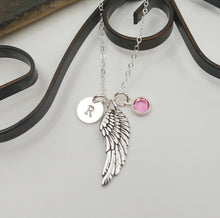 Load image into Gallery viewer, Personalized Wing Necklace - Angel Wing Initial Necklace - With Birthstone - Sympathy Gifts - Memorial Gifts