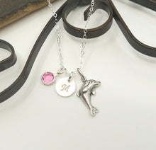 Load image into Gallery viewer, Dolphin Necklace - Initial Necklace - With Birthstone - Sterling Silver - Personalized