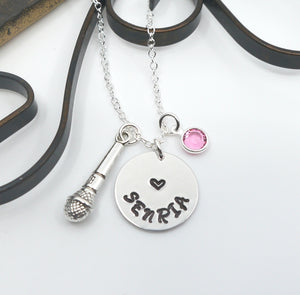 Microphone Necklace - Custom Name Disc - Birthstone