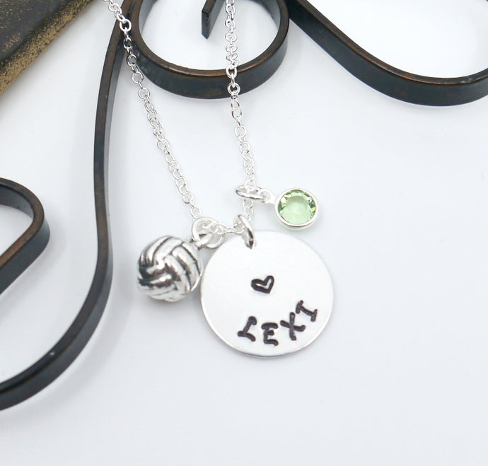 Volleyball Necklace - Custom Name Disc - Heart - Birthstone