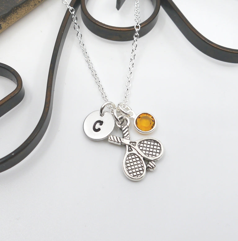 Tennis Racquet Necklace - Initial Necklace - With Birthstone