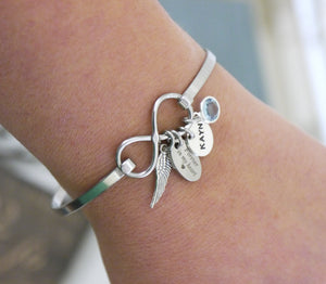 Angel Wing Infinity Bracelet - With Name Disc & Birthstone