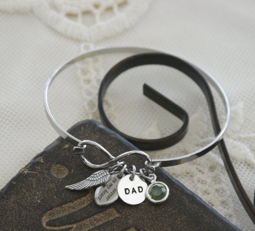 Dad Memorial Bracelet - Angel Wing Infinity Bracelet - With Custom Name Disc & Birthstone