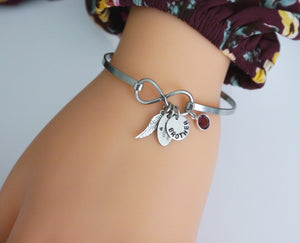 Angel Wing Infinity Bracelet - With Name Disc & Birthstone